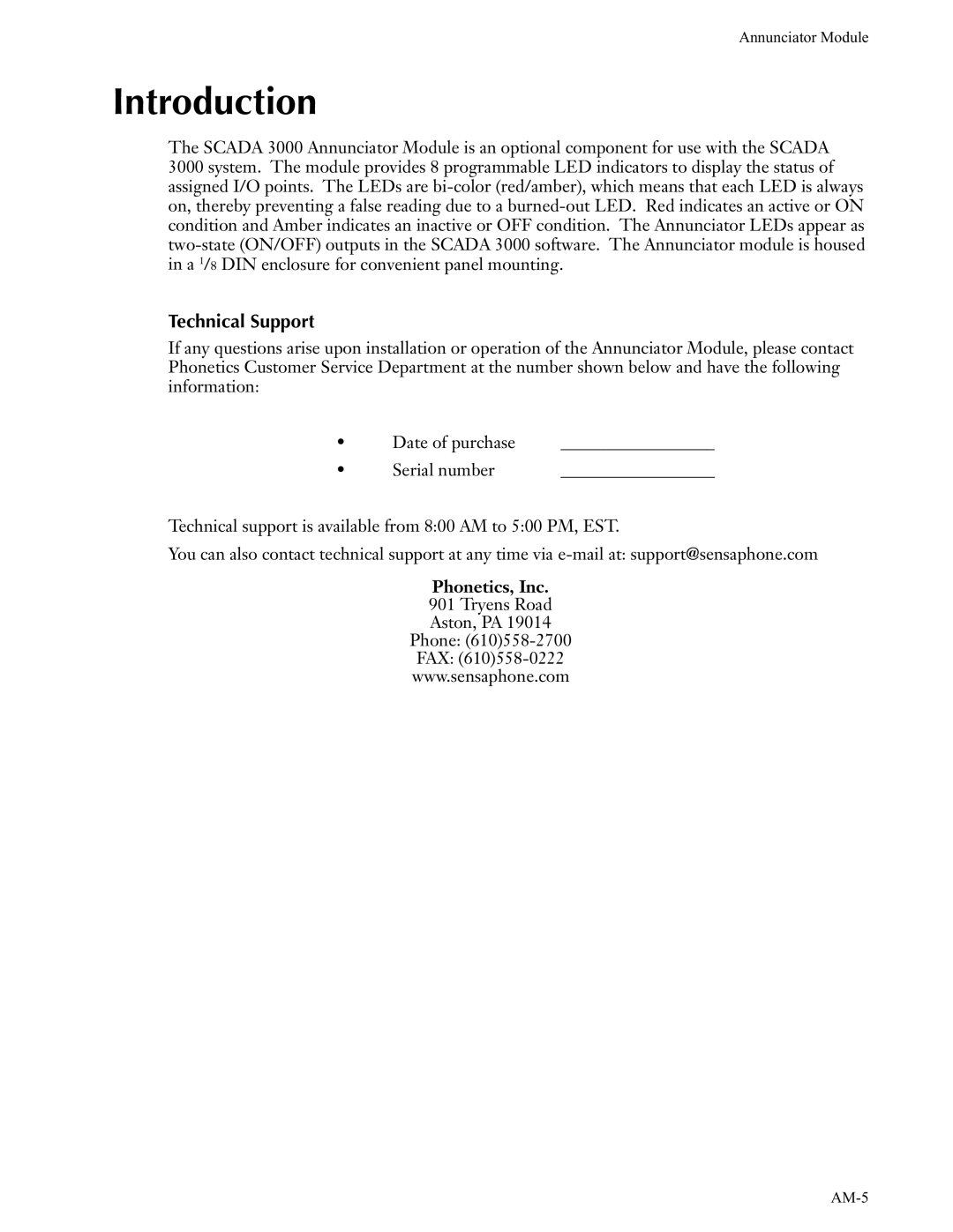 Phonetics SCADA 3000 manual Introduction, Technical Support 