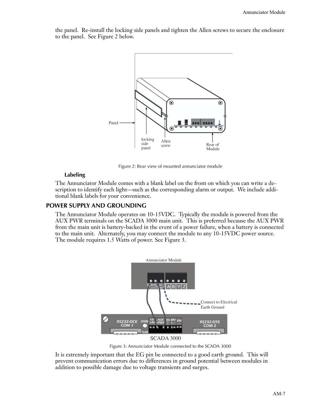 Phonetics SCADA 3000 manual Power Supply and Grounding, Rear view of mounted annunciator module 