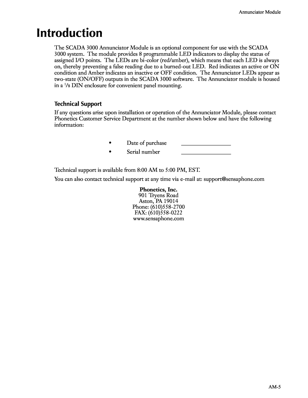 Phonetics SCADA 3000 manual Introduction, Technical Support, Phonetics, Inc 