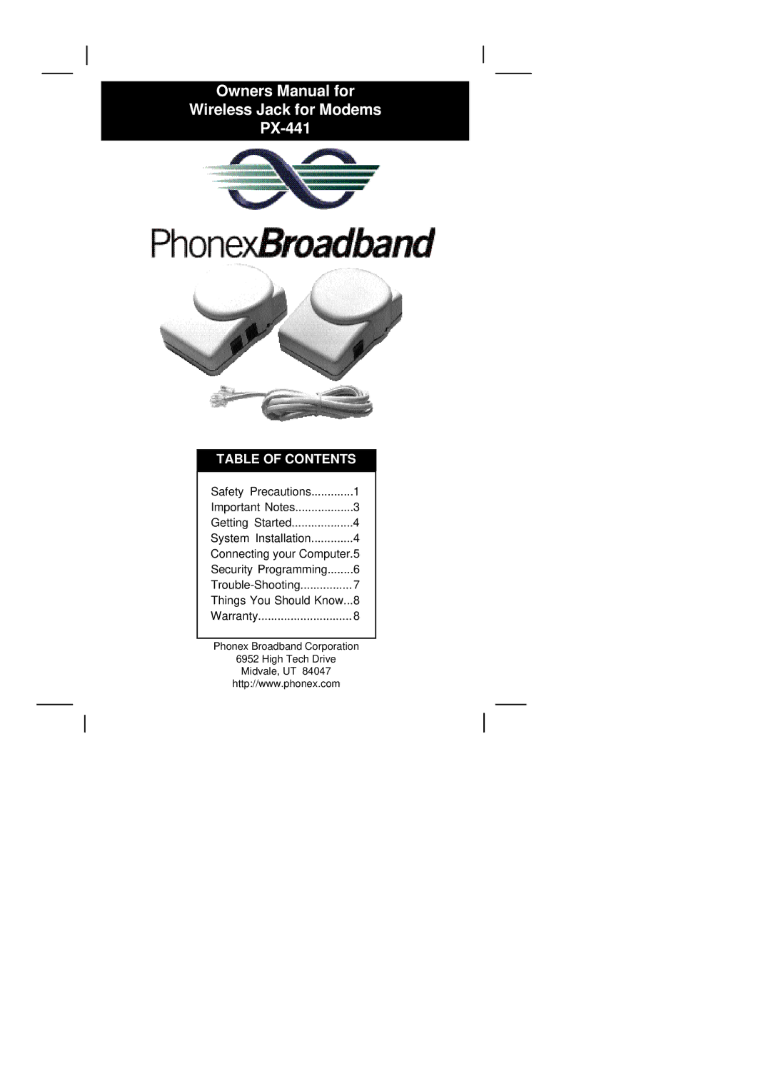 Phonex Broadband warranty Wireless Jack for Modems PX-441 