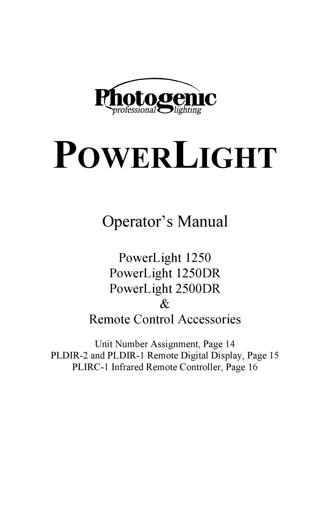 Photogenic Professional Lighting PowerLight 1250, 1250, 1250DR, 2500DR manual Powerlight 