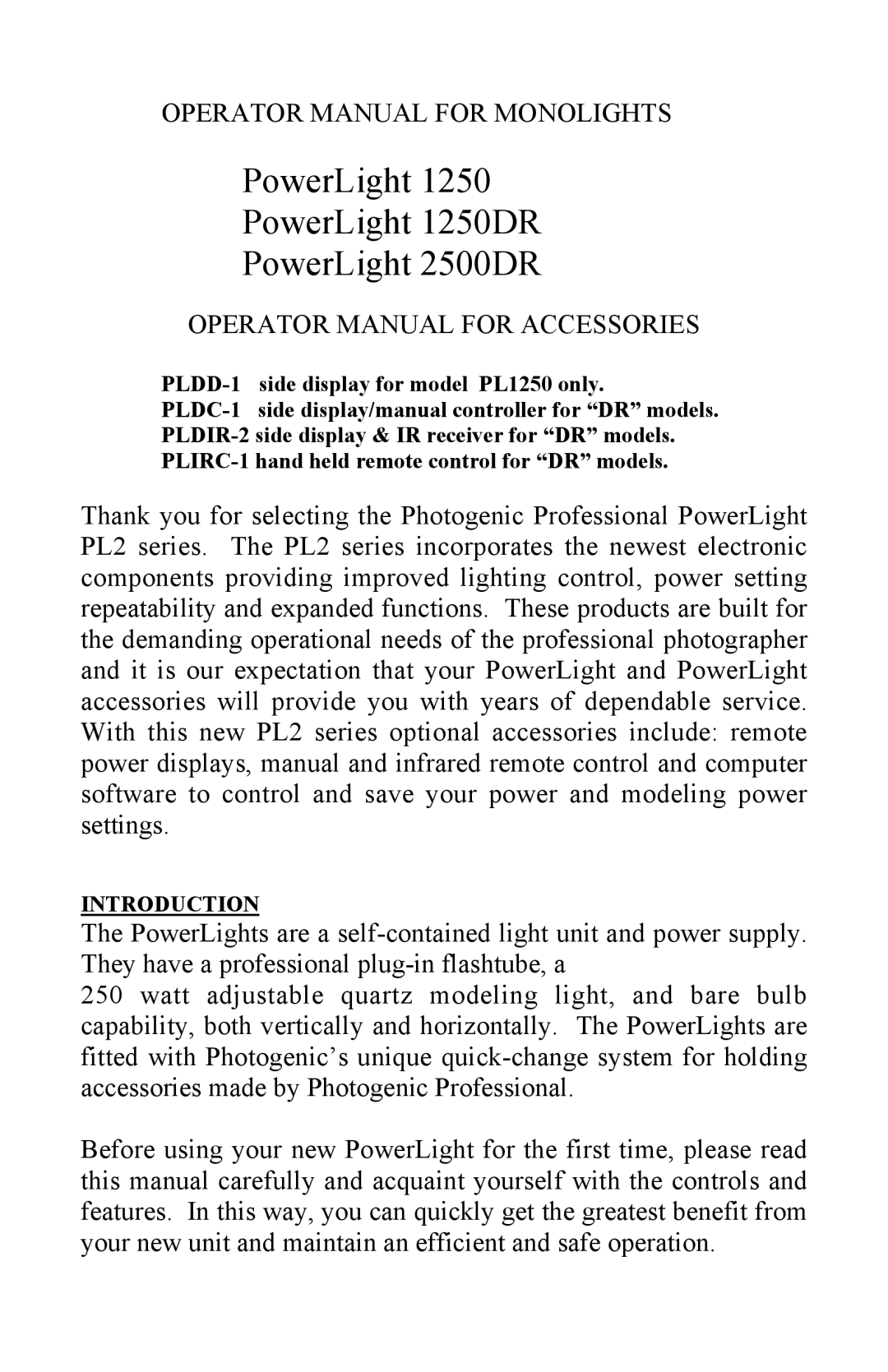 Photogenic Professional Lighting 1250, 1250DR, 2500DR manual PowerLight PowerLight 1250DR PowerLight 2500DR, Introduction 