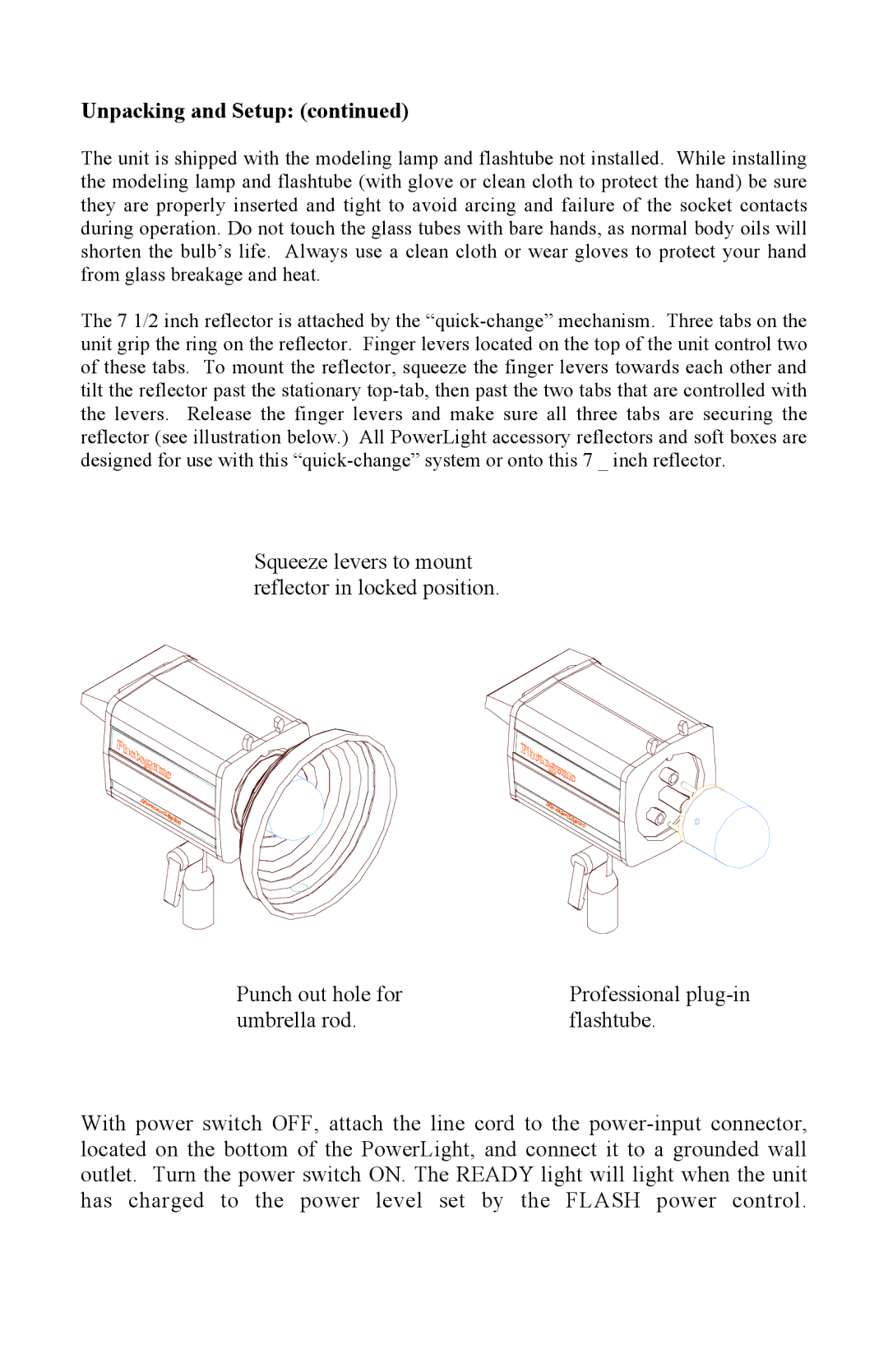 Photogenic Professional Lighting 1250, 1250DR, 2500DR, PowerLight 1250 manual Unpacking and Setup, Punch out hole for 