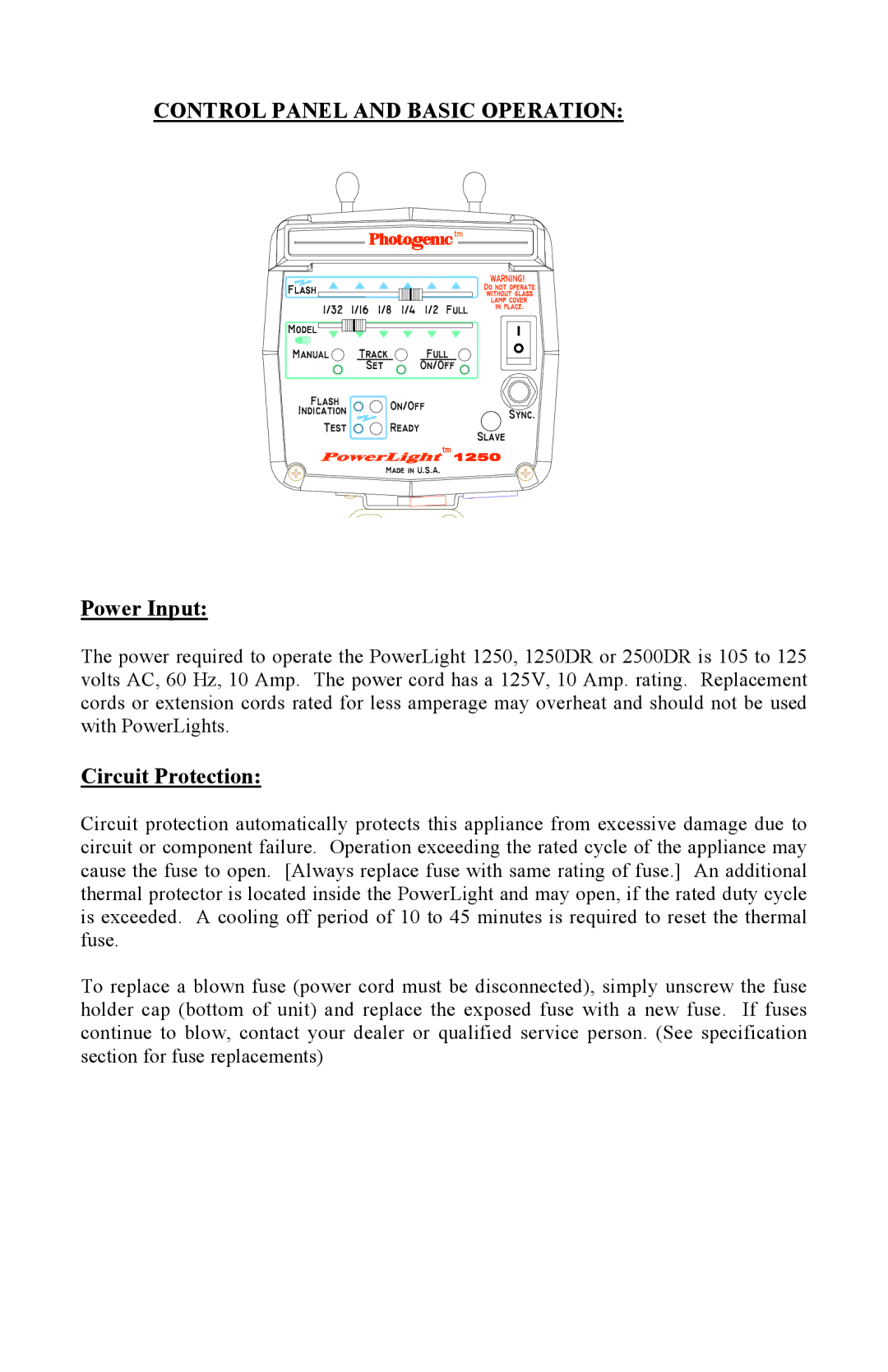 Photogenic Professional Lighting PowerLight 1250 manual Control Panel and Basic Operation, Power Input, Circuit Protection 