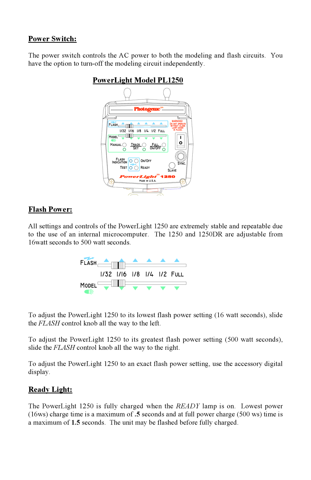 Photogenic Professional Lighting 1250, 1250DR, 2500DR manual Power Switch, PowerLight Model PL1250 Flash Power, Ready Light 