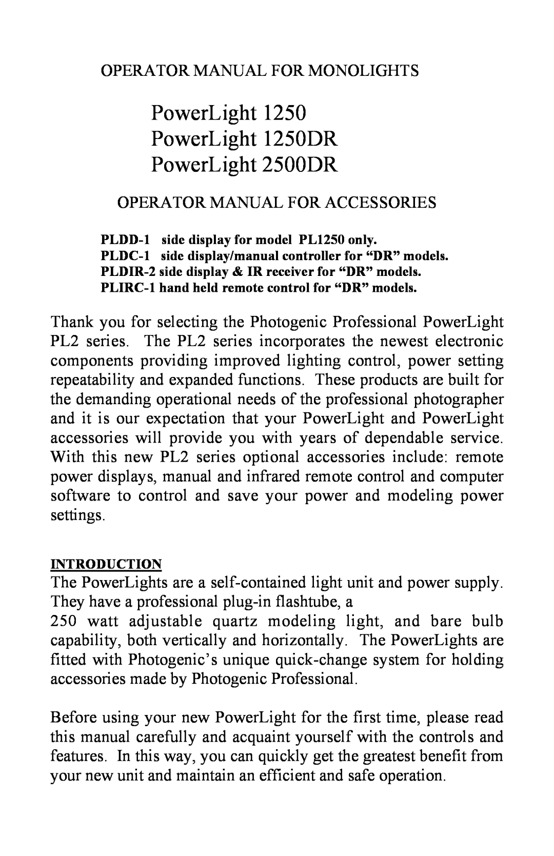 Photogenic Professional Lighting 1250, 1250DR, 2500DR manual PowerLight PowerLight 1250DR PowerLight 2500DR 