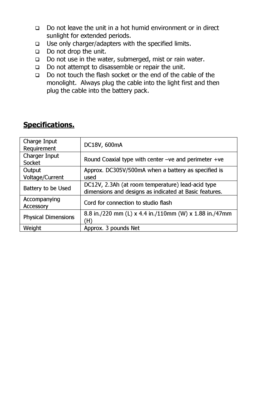 Photogenic Professional Lighting AKB-1 manual Specifications 