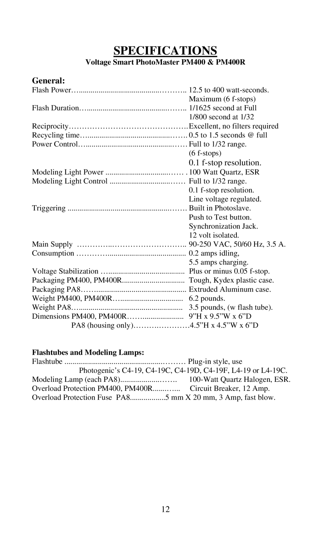 Photogenic Professional Lighting PM800R, PM400R manual Specifications, General 