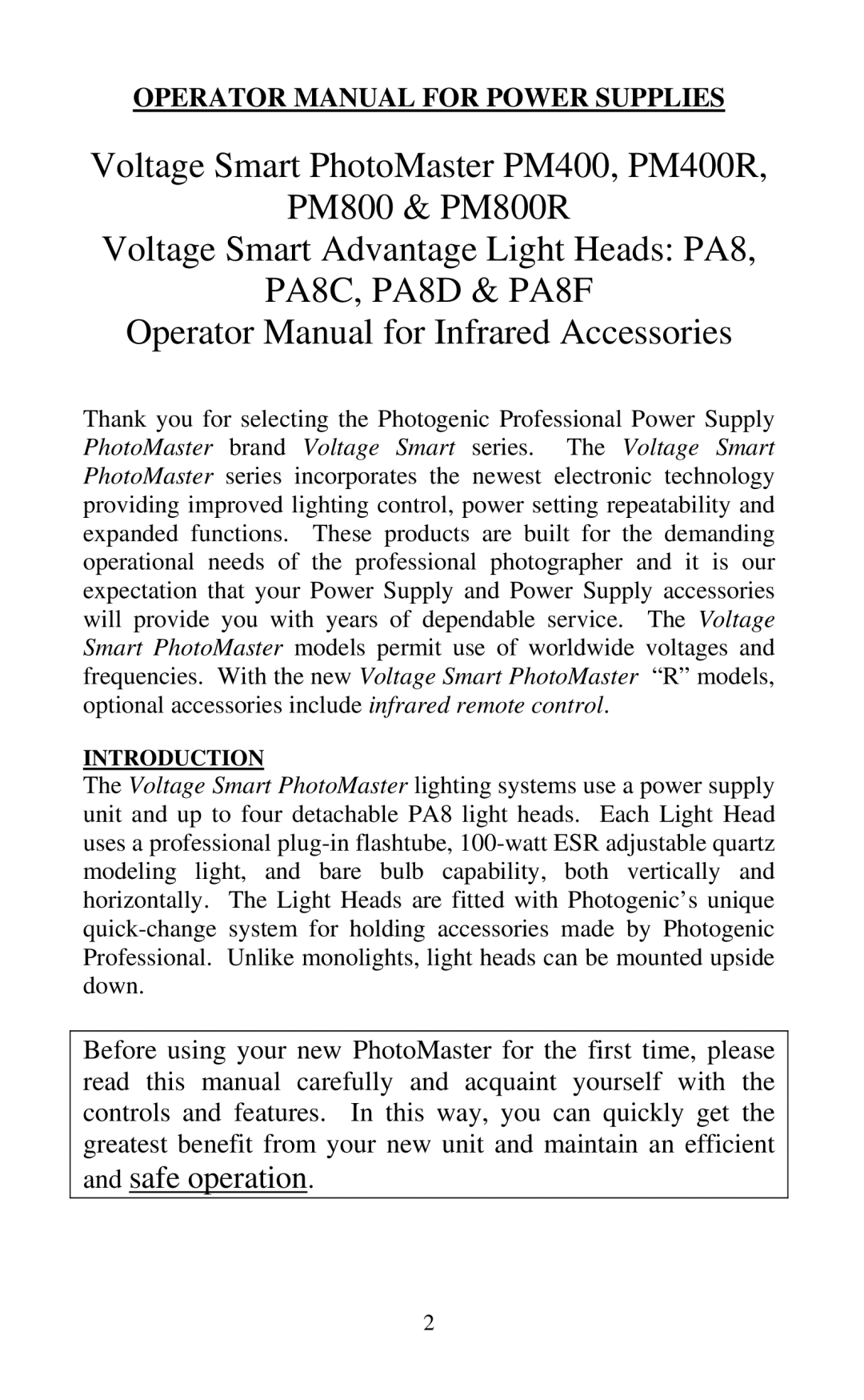 Photogenic Professional Lighting PM400R, PM800R manual PA8C, PA8D & PA8F 