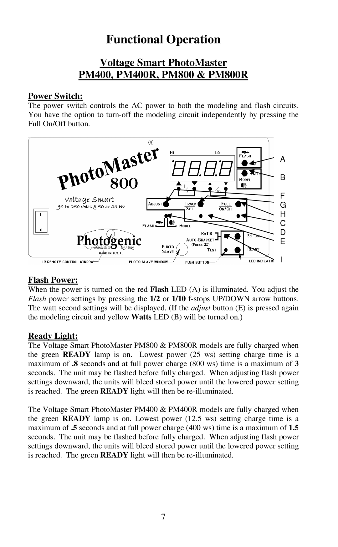 Photogenic Professional Lighting PM800R, PM400R manual Functional Operation, Power Switch, Flash Power, Ready Light 