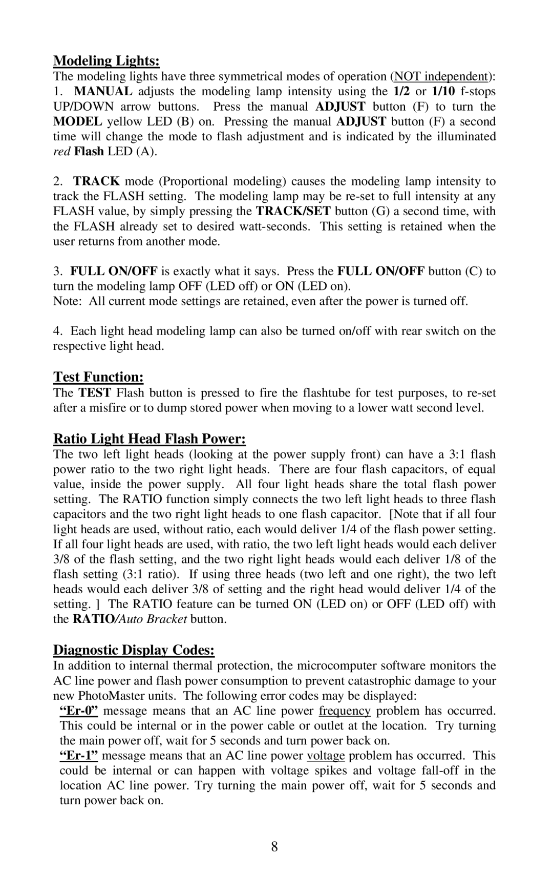 Photogenic Professional Lighting PM800R, PM400R manual Modeling Lights, Test Function, Ratio Light Head Flash Power 