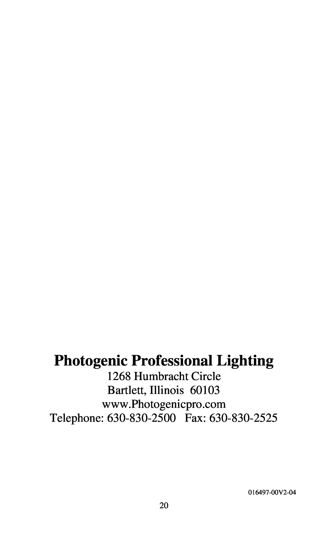 Photogenic Professional Lighting PM800R Humbracht Circle, Telephone 630-830-2500 Fax, Photogenic Professional Lighting 
