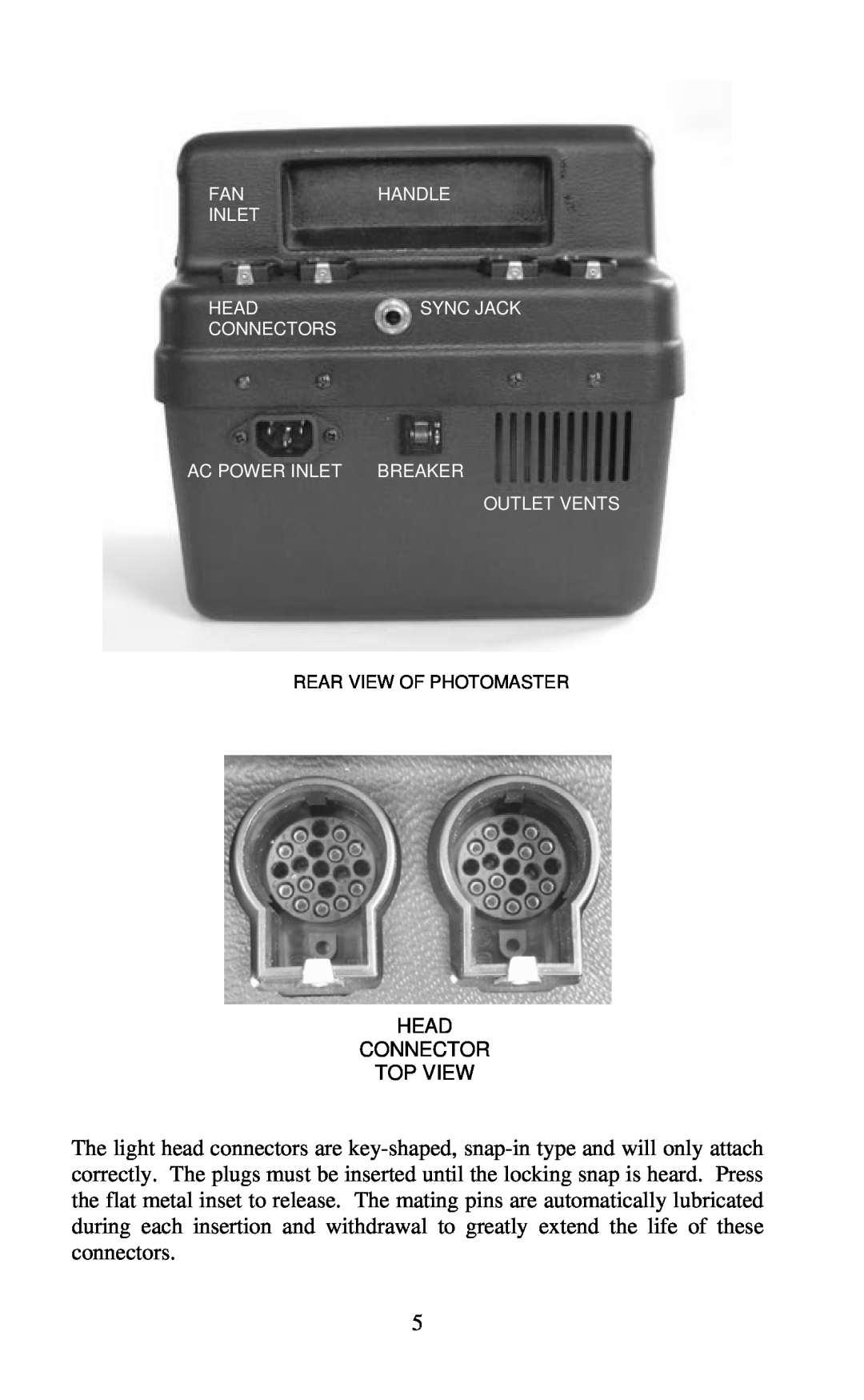 Photogenic Professional Lighting PM800R, PM400R manual Head Connector Top View, Handle, Inlet, Sync Jack, Connectors 
