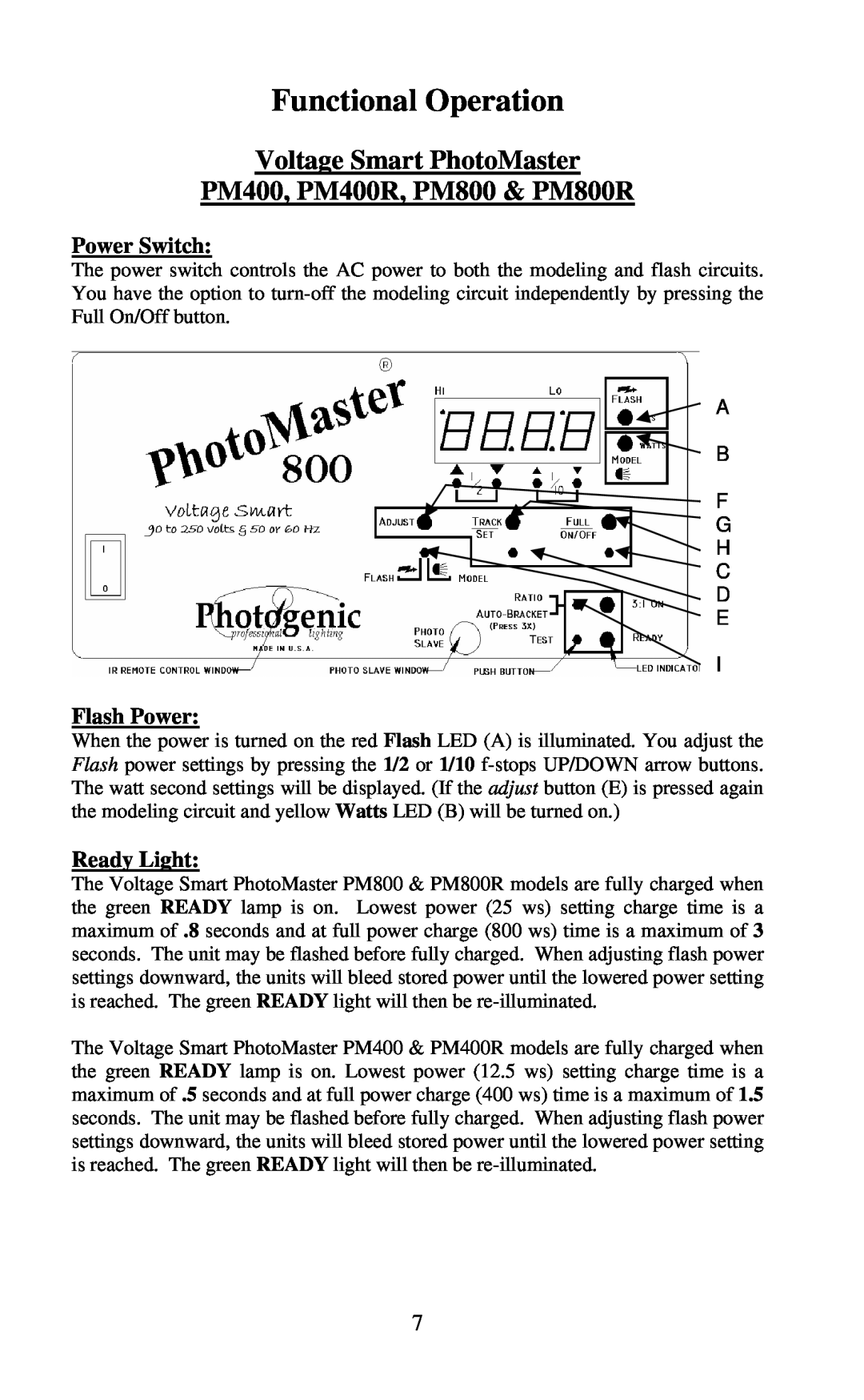 Photogenic Professional Lighting manual Functional Operation, Voltage Smart PhotoMaster PM400, PM400R, PM800 & PM800R 