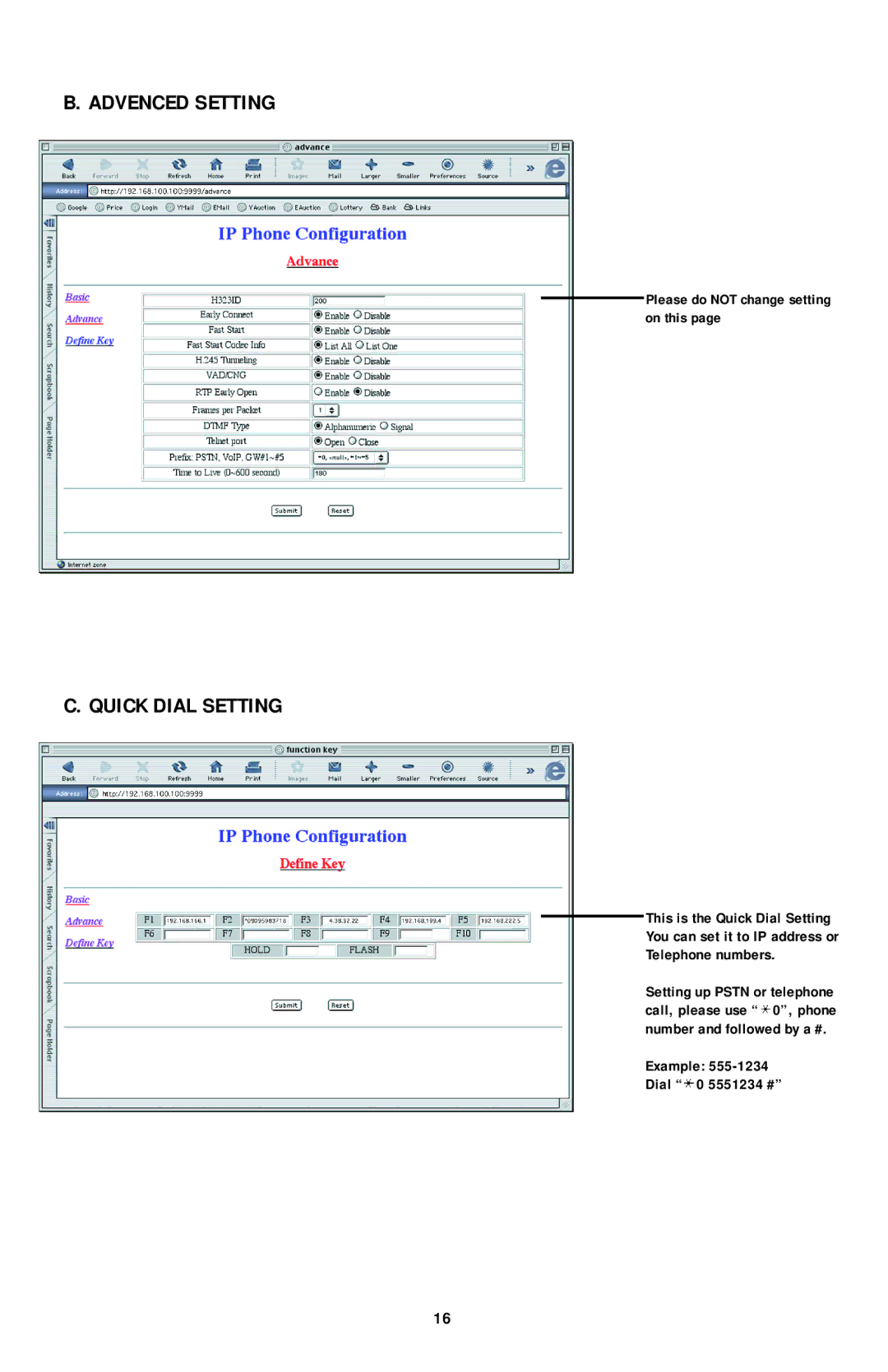 PI Manufacturing Internet Phone user manual Advenced Setting, Quick Dial Setting, Please do not change setting On this 