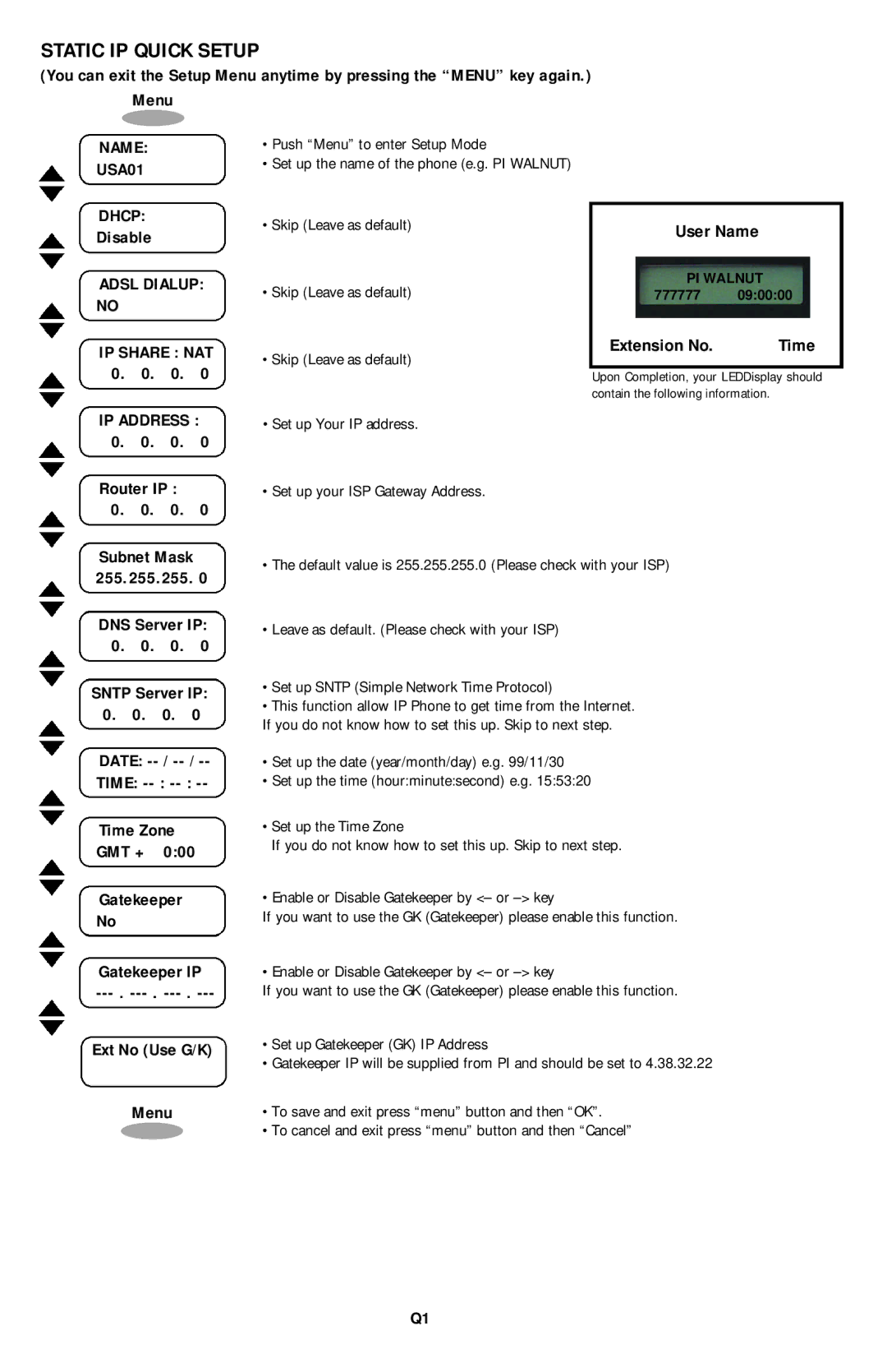 PI Manufacturing Internet Phone user manual Static IP Quick Setup, Adsl Dialup no, User Name 