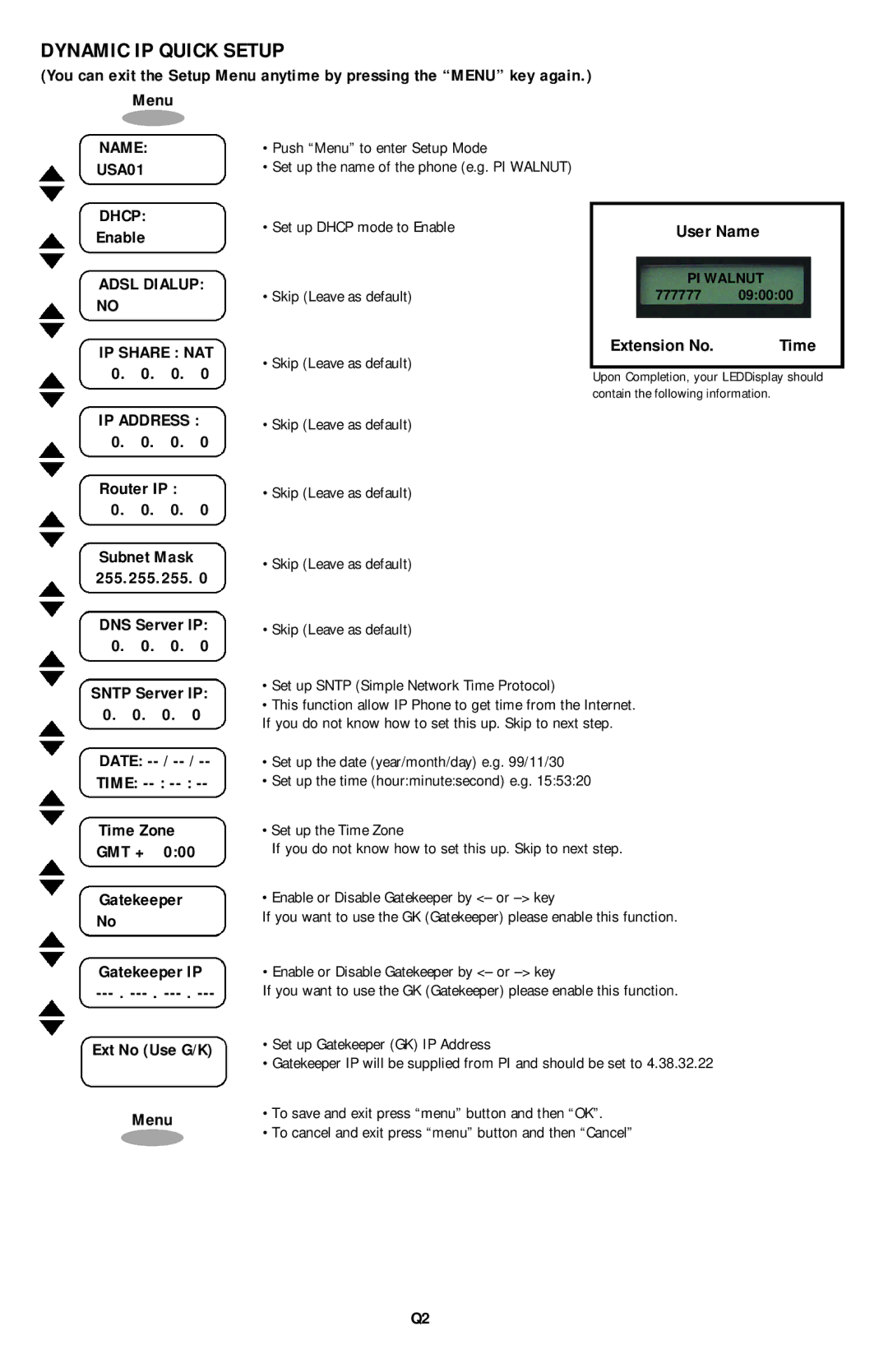 PI Manufacturing Internet Phone user manual Dynamic IP Quick Setup, IP Share NAT 0 IP Address 0 