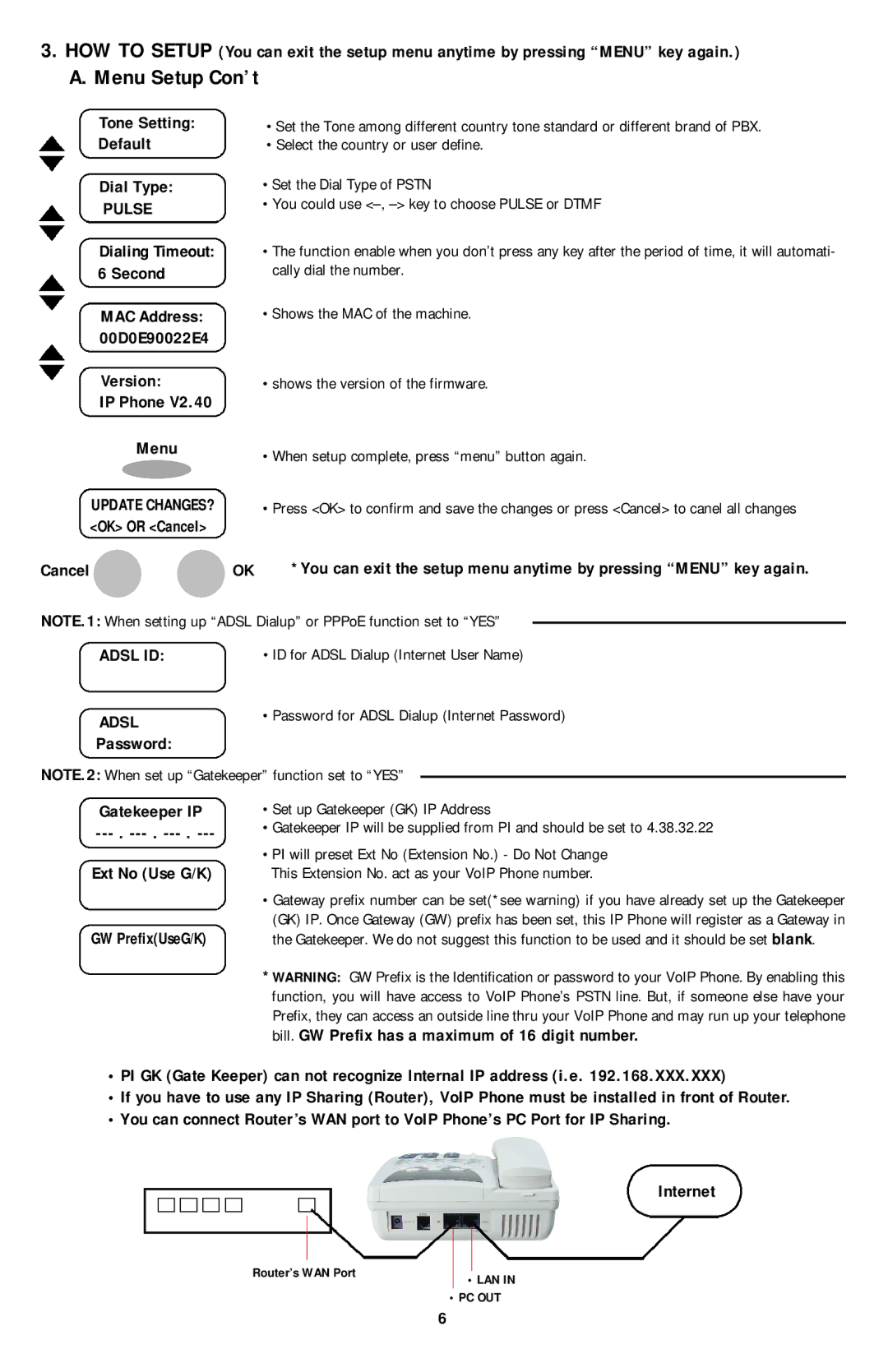 PI Manufacturing Internet Phone user manual Menu Setup Con’t, Pulse 