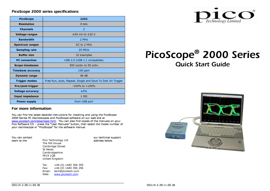 Pico Communications 2202 quick start PicoScope 2000 series specifications, For more information, PicoScope 2000 Series 