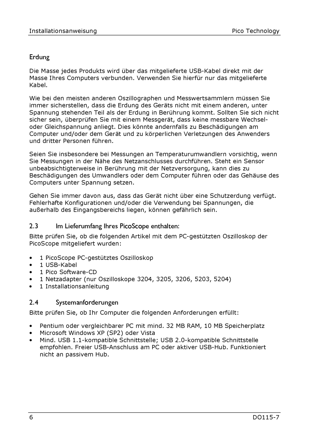 Pico Communications 5000, 3000, 2000 manual Erdung, Im Lieferumfang Ihres PicoScope enthalten, Systemanforderungen 