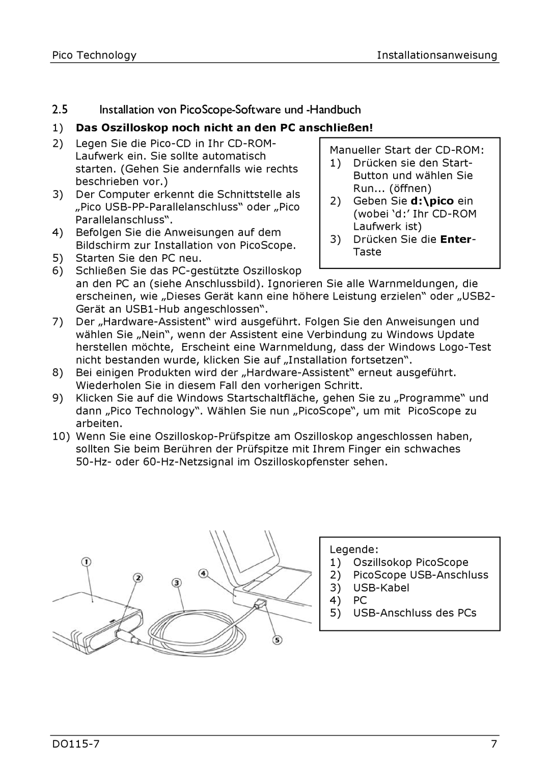 Pico Communications 3000, 2000, 5000 manual Installation von PicoScope-Software und -Handbuch 