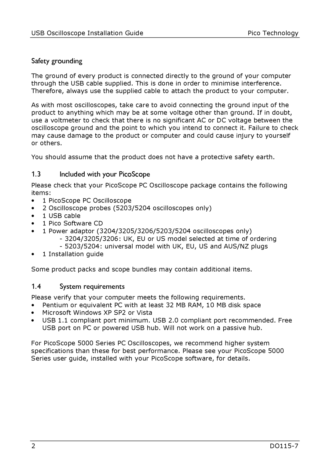 Pico Communications 2000, 3000, 5000 manual Safety grounding, Included with your PicoScope, System requirements 