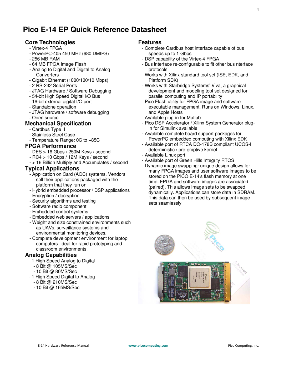 Pico Communications manual Pico E-14 EP Quick Reference Datasheet 