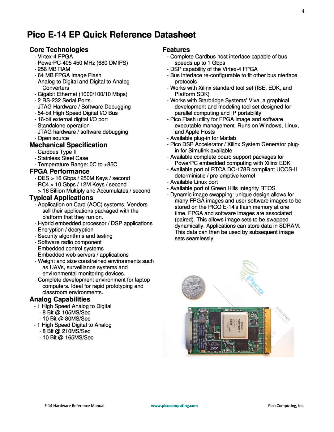 Pico Communications manual Pico E-14 EP Quick Reference Datasheet, Core Technologies, Mechanical Specification, Features 