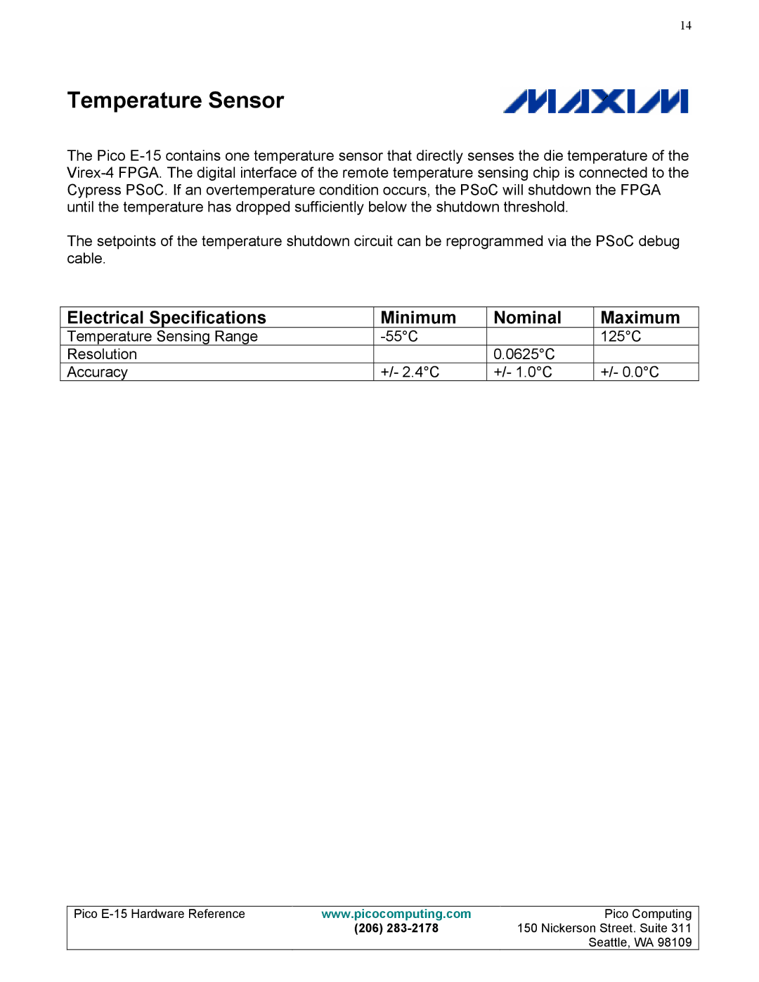 Pico Communications E-15 manual Temperature Sensor, Electrical Specifications Minimum Nominal Maximum 