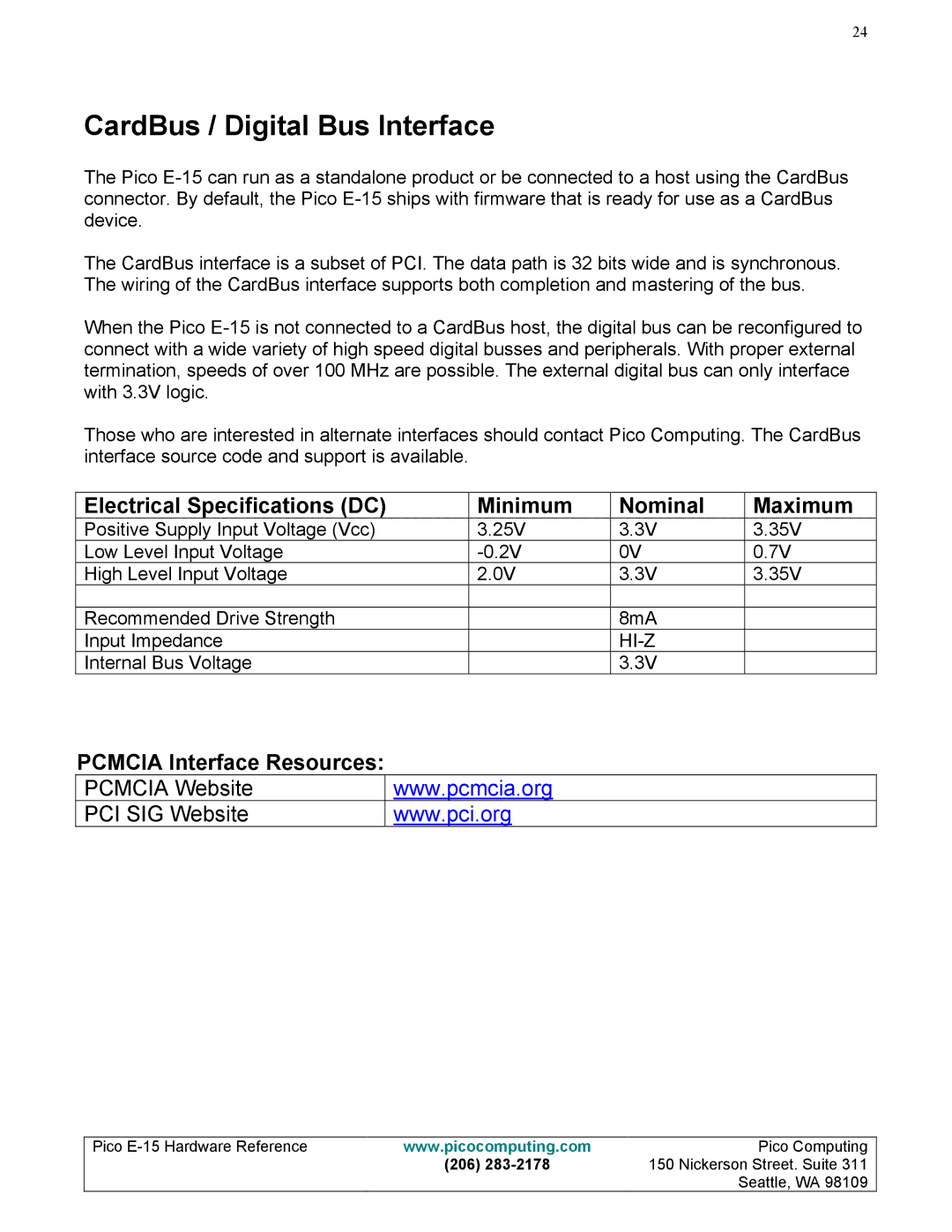 Pico Communications E-15 manual CardBus / Digital Bus Interface, Electrical Specifications DC Minimum Nominal Maximum 