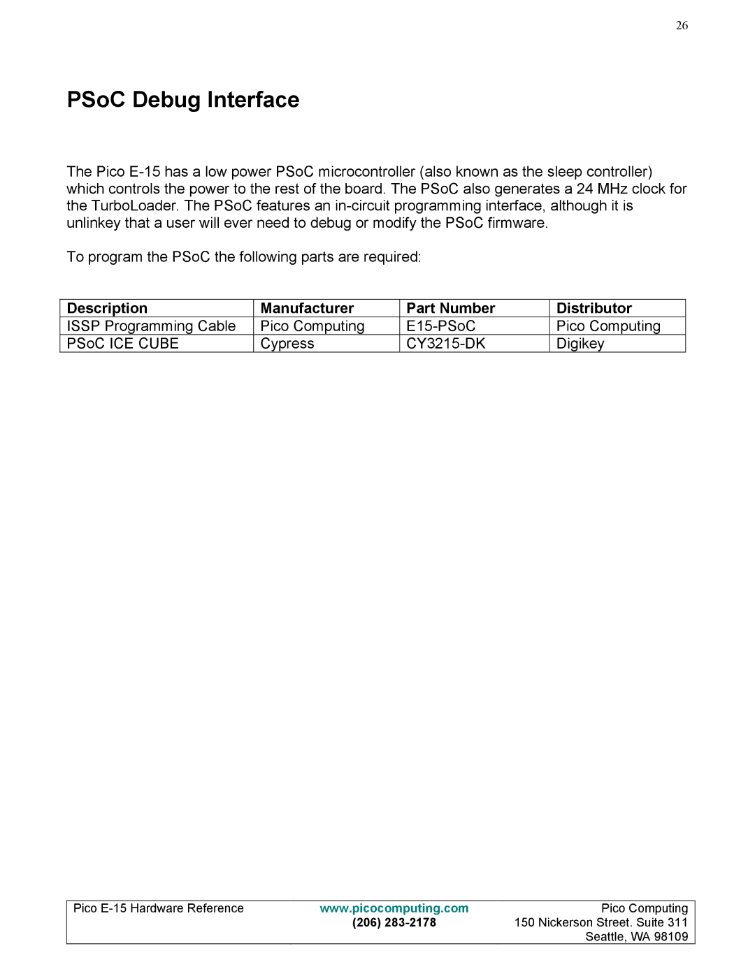 Pico Communications E-15 manual PSoC Debug Interface 