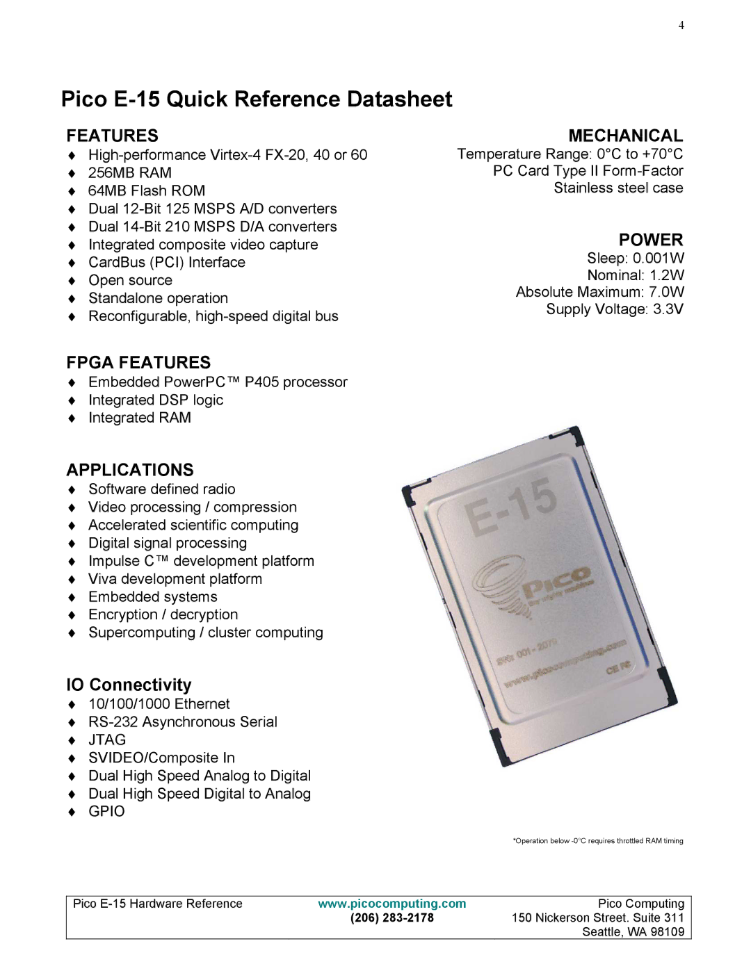 Pico Communications manual Pico E-15 Quick Reference Datasheet, IO Connectivity 