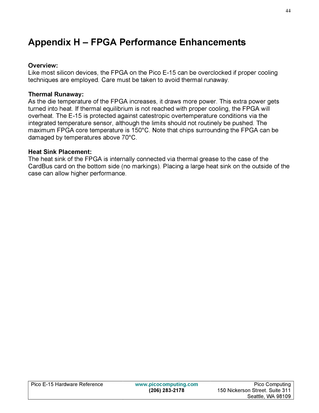 Pico Communications E-15 manual Appendix H Fpga Performance Enhancements 