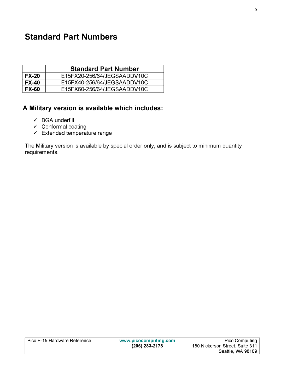 Pico Communications E-15 manual Standard Part Numbers, Military version is available which includes 