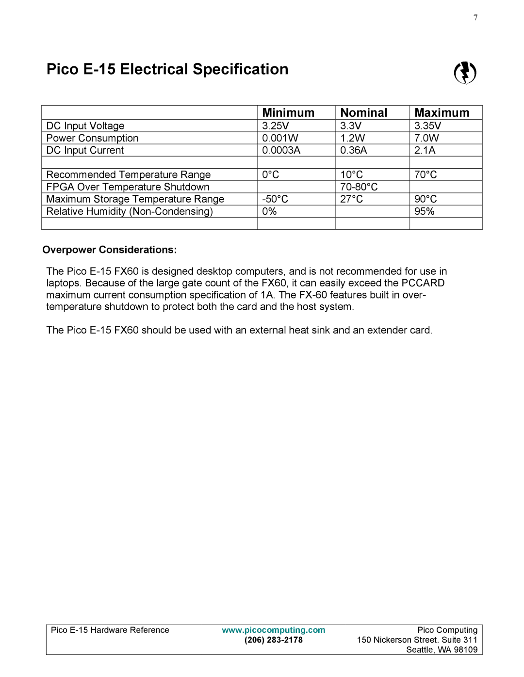 Pico Communications manual Pico E-15 Electrical Specification, Minimum Nominal Maximum 