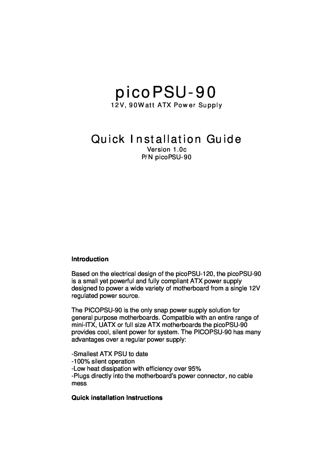 Pico Communications PICOPSU-90 installation instructions picoPSU-90, Quick Installation Guide 