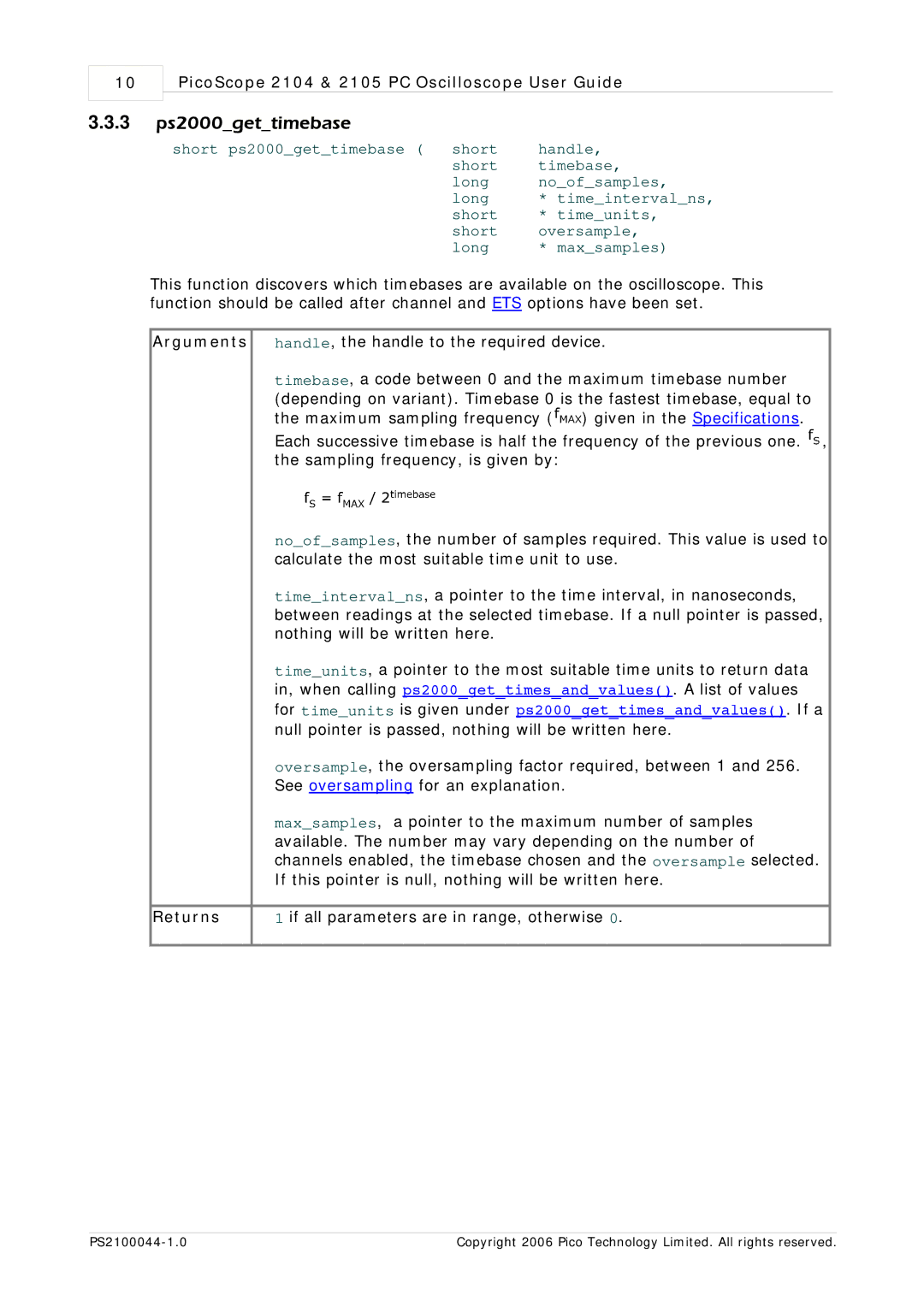Pico Communications PicoScope 2104, PicoScope 2105 manual 3 ps2000gettimebase 