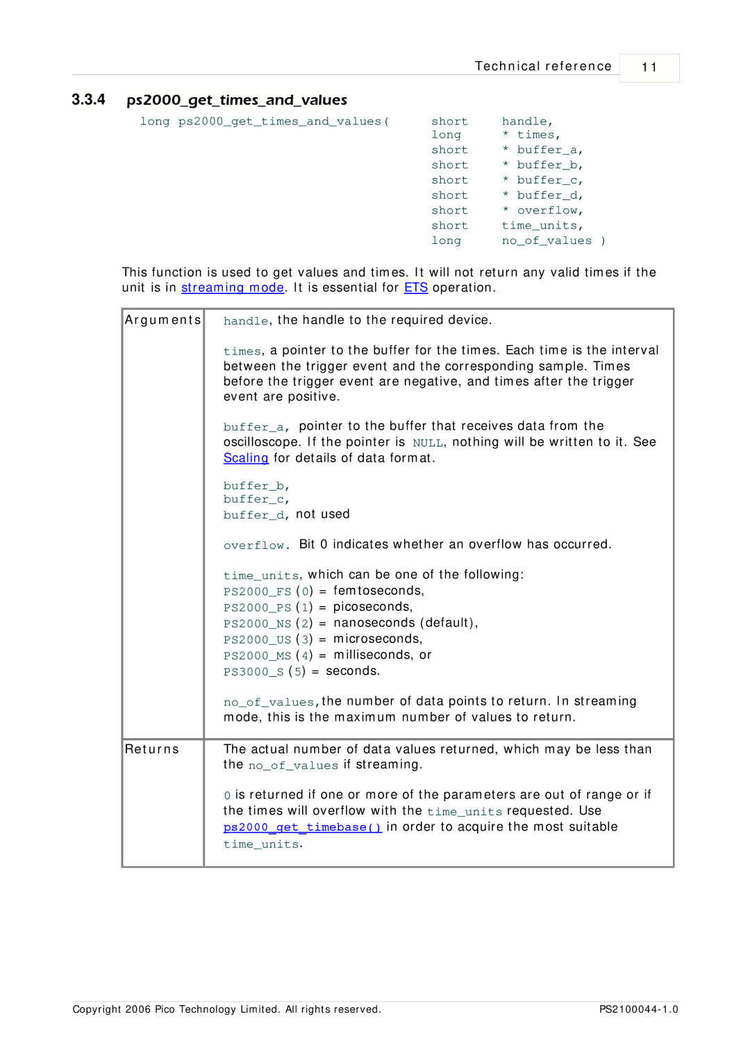 Pico Communications PicoScope 2105, PicoScope 2104 manual 4 ps2000gettimesandvalues 