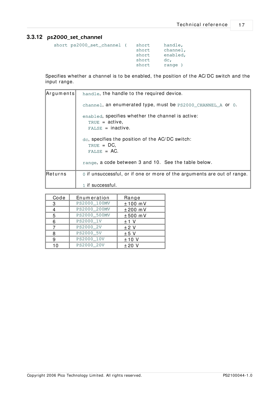 Pico Communications PicoScope 2105, PicoScope 2104 manual Ps2000setchannel, Code Enumeration Range 