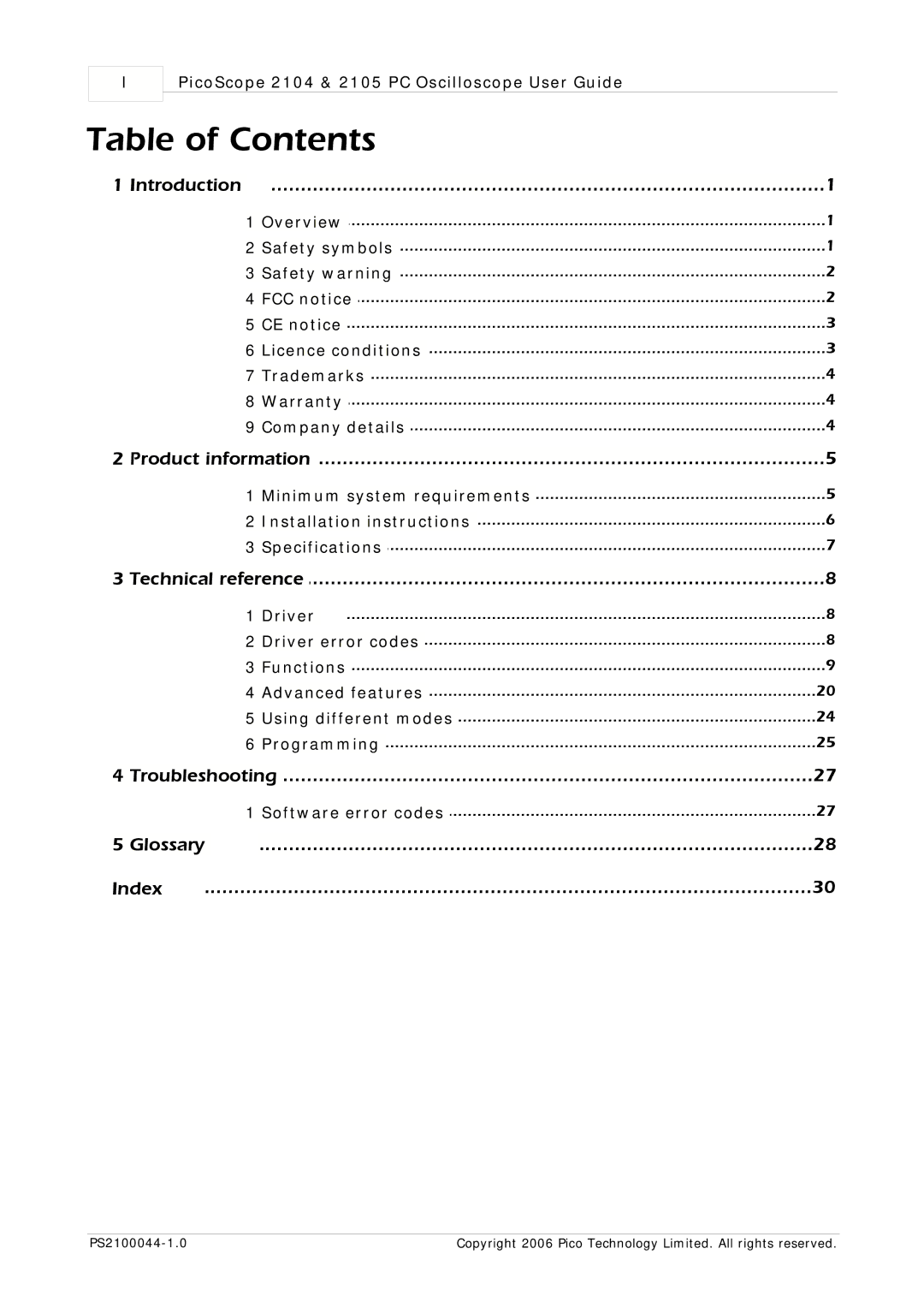 Pico Communications PicoScope 2104, PicoScope 2105 manual Table of Contents 