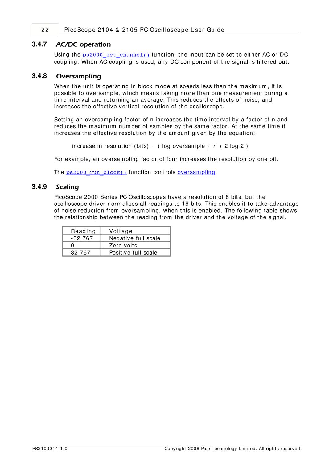 Pico Communications PicoScope 2104, PicoScope 2105 manual 7 AC/DC operation, Oversampling, Scaling, Reading Voltage 