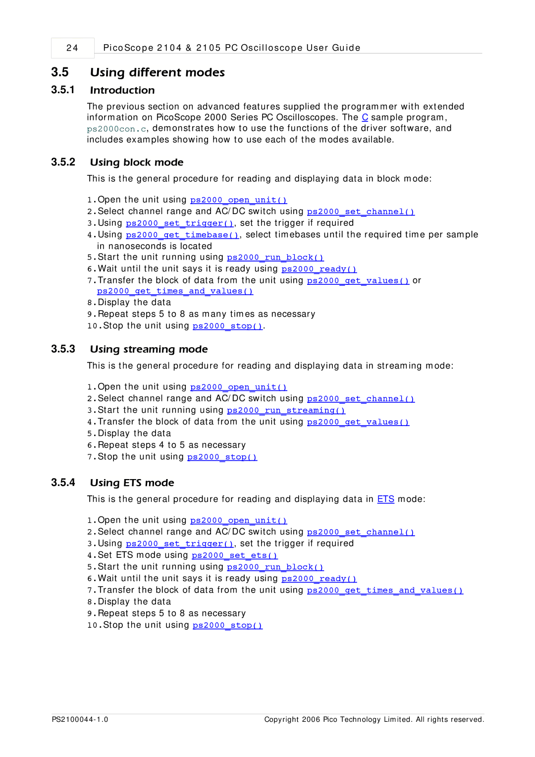 Pico Communications PicoScope 2104 manual Using different modes, Using block mode, Using streaming mode, Using ETS mode 