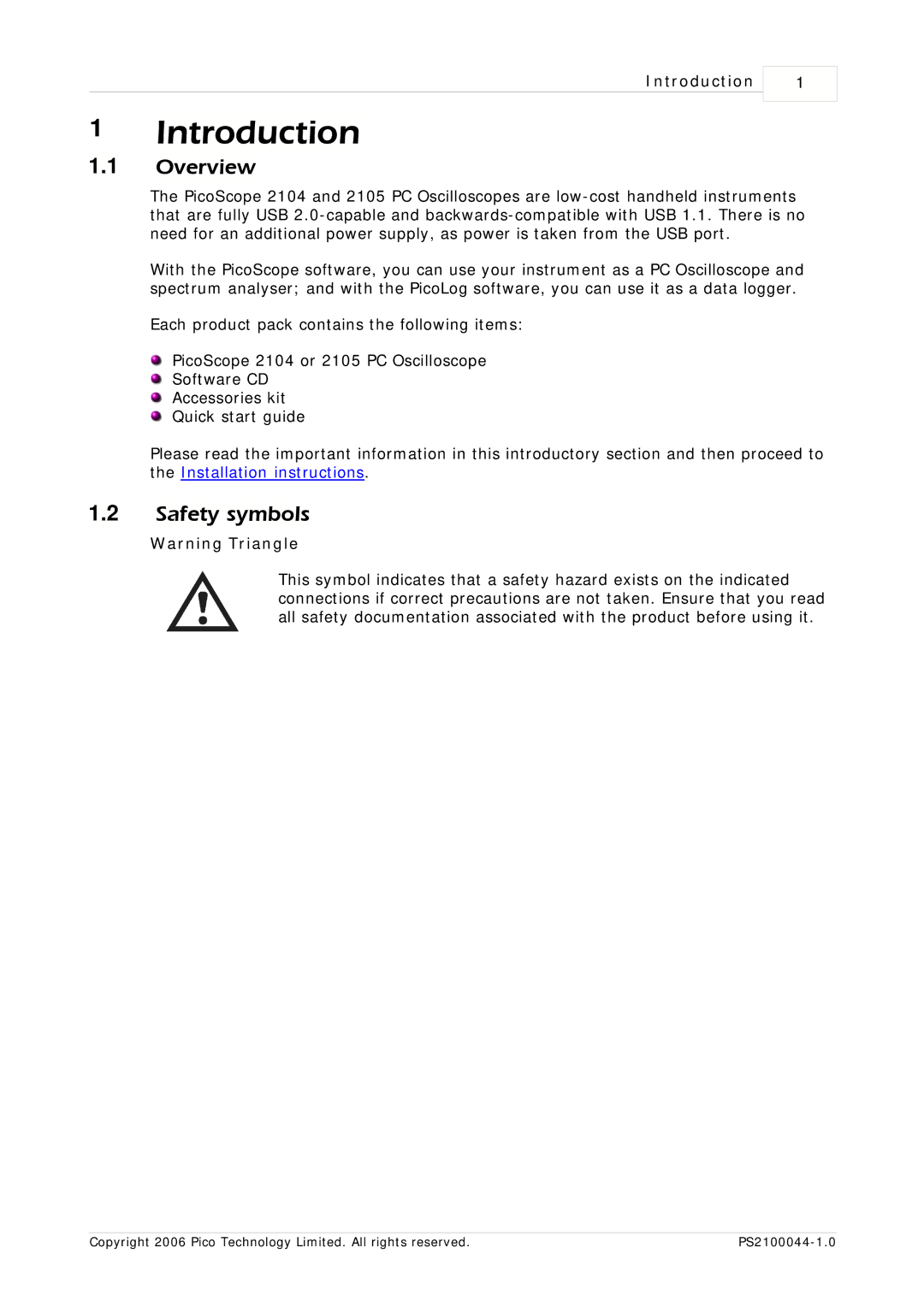 Pico Communications PicoScope 2105, PicoScope 2104 manual Introduction, Overview, Safety symbols 