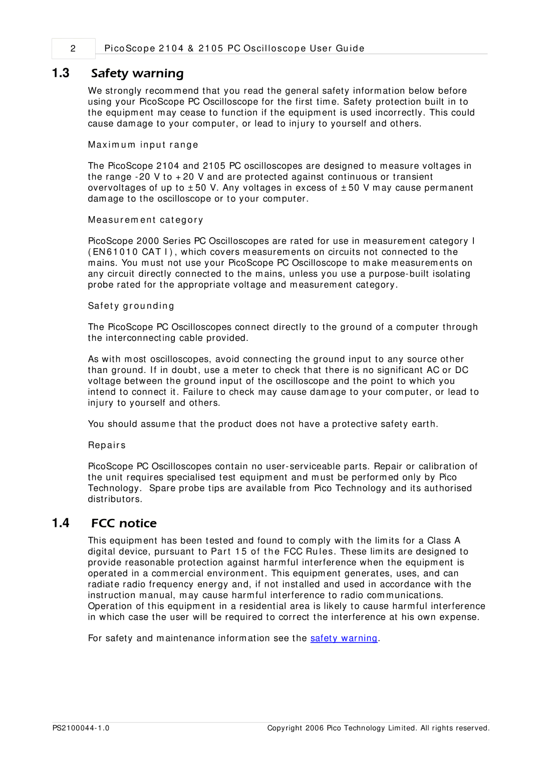 Pico Communications PicoScope 2104, PicoScope 2105 manual Safety warning, FCC notice 