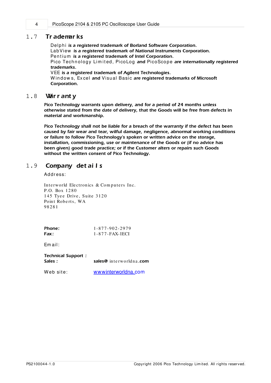 Pico Communications PicoScope 2104, PicoScope 2105 manual Trademarks, Warranty, Company details, Address 