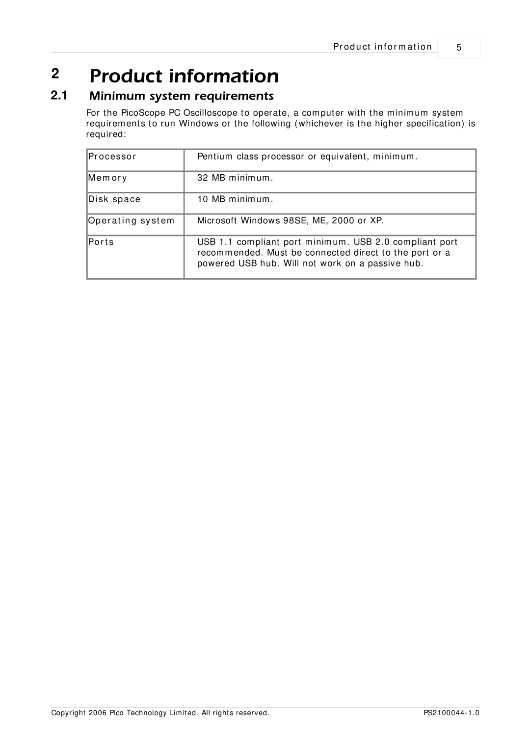 Pico Communications PicoScope 2105, PicoScope 2104 manual Product information, Minimum system requirements 