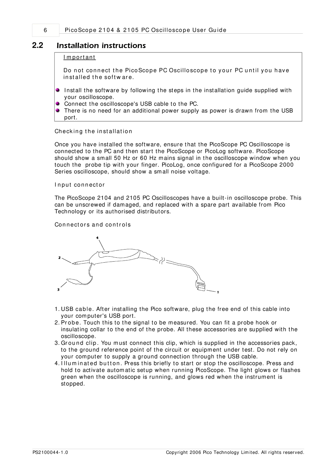 Pico Communications PicoScope 2104, PicoScope 2105 Installation instructions, Checking the installation, Input connector 