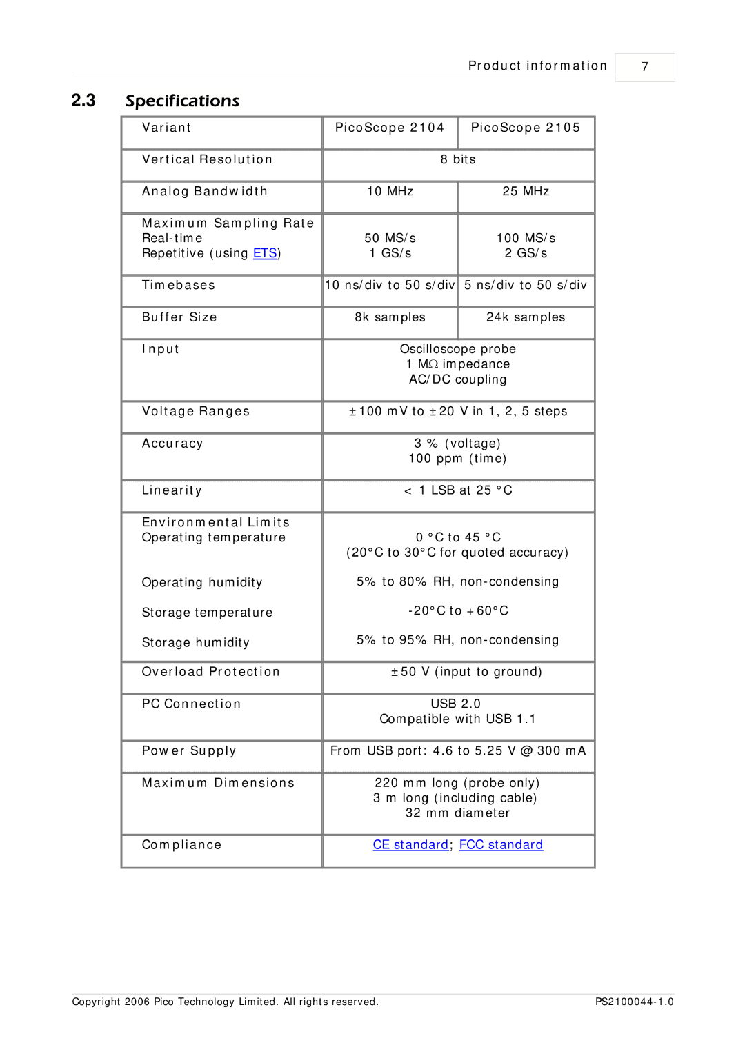 Pico Communications PicoScope 2105, PicoScope 2104 manual Specifications 