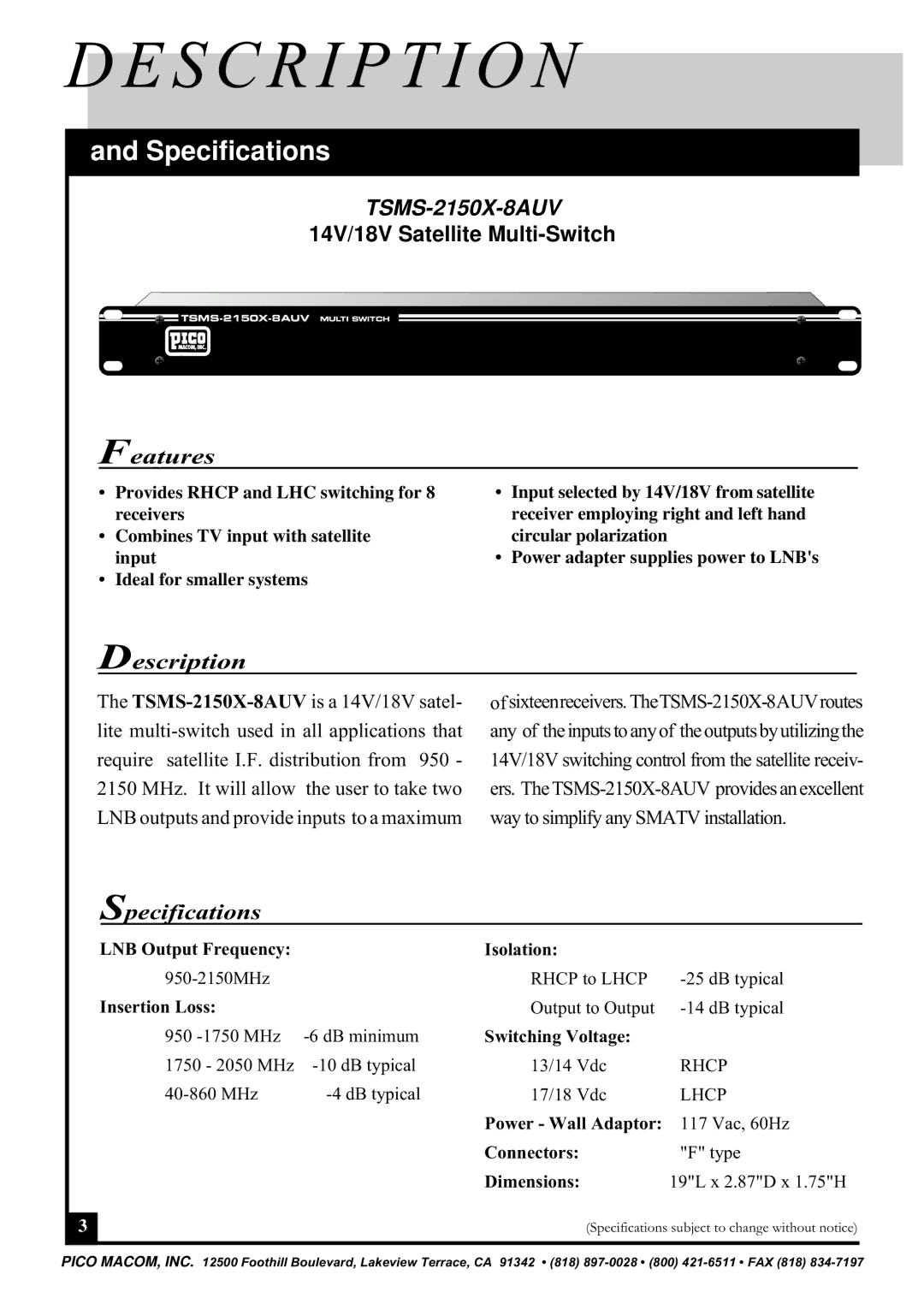 Pico Communications TSMS-2150X-8AUV operation manual S C R I P T I O N, Specifications 