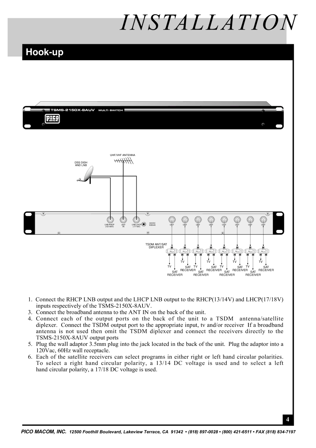 Pico Communications TSMS-2150X-8AUV operation manual Installation, Hook-up 